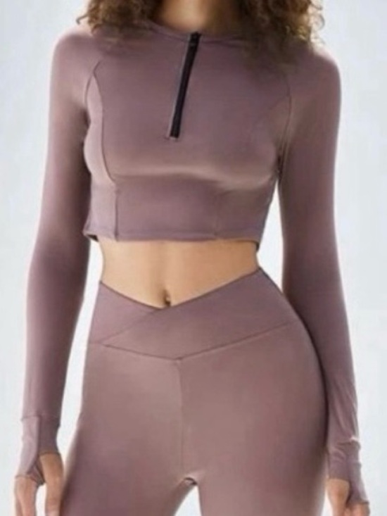 SHEIN Tops - SHEIN Mauve Long-Sleeve Cropped Active Top with Half-Zip